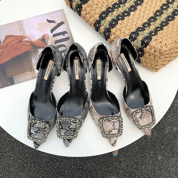 

serpentine square buttoned hollow sandals womens shallow slim heel high heel net red spring and autumn style pointed womens shoes in 20, Black