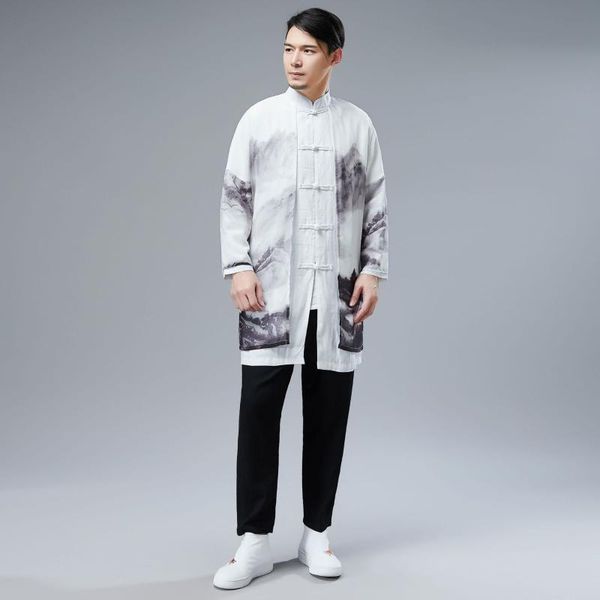 

chinese style landscape print long-sleeve cardigan creative retro simple but comfortable wind men's clothing mens trench coat, Tan;black