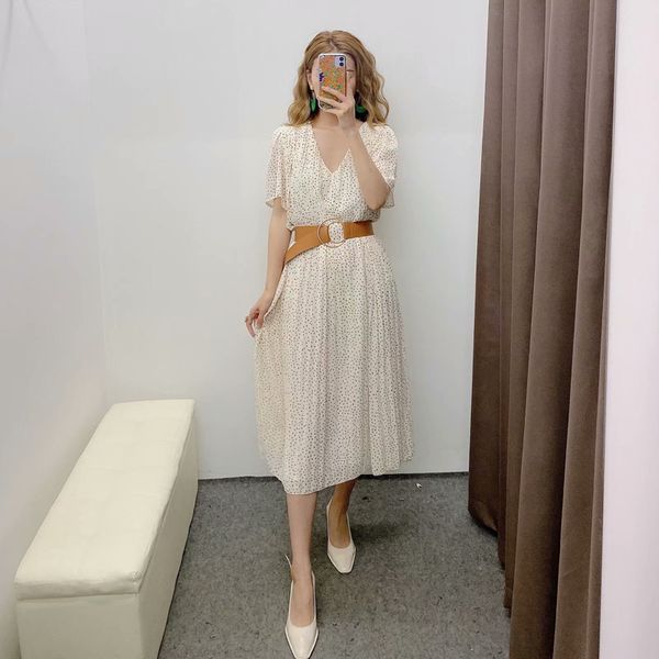 

women's swimwear 2021 v-neck lady dress short sleeve casual elegant apricot pleated print beach skirt, White;black