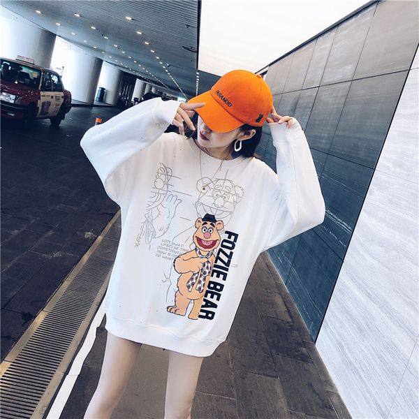 

loose printed bear hooded sweatshirt hoodies long sleeved pullover women casual pullovers sweatshirts female hoodie, Black