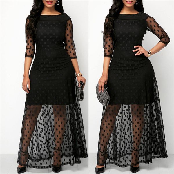 

summer women dress polka dot print lace maxi dresses for women elegant ladies dresses casual black plus size evening party dress, Black;gray