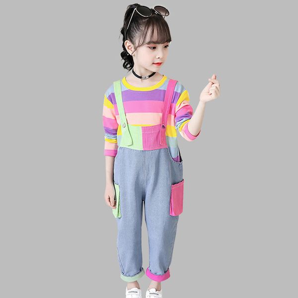 

kids girls clothes sets rainbow t-shirts + denim jumpsuti 2pcs children's clothing teenage clothes for girls 6 8 10 12 14 year t200526, White