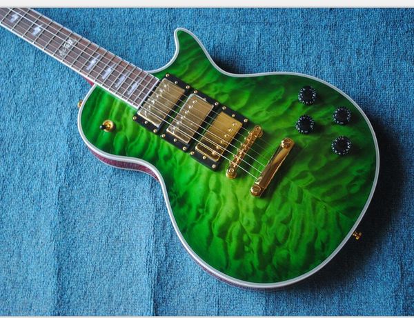 

ace frehley signed quilted maple green electric guitar 3 humbucker pickups, lightening bolt inlay, gold grover tuners, black speed knobs