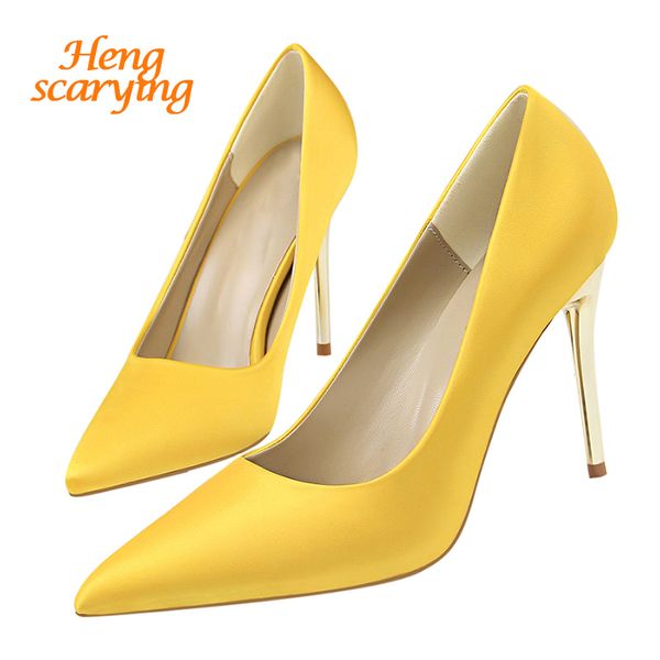 

2019 plus size 43 women 10cm high heels lady glitter scarpins satin pumps female stiletto wedding bridal yellow silk shoes, Black