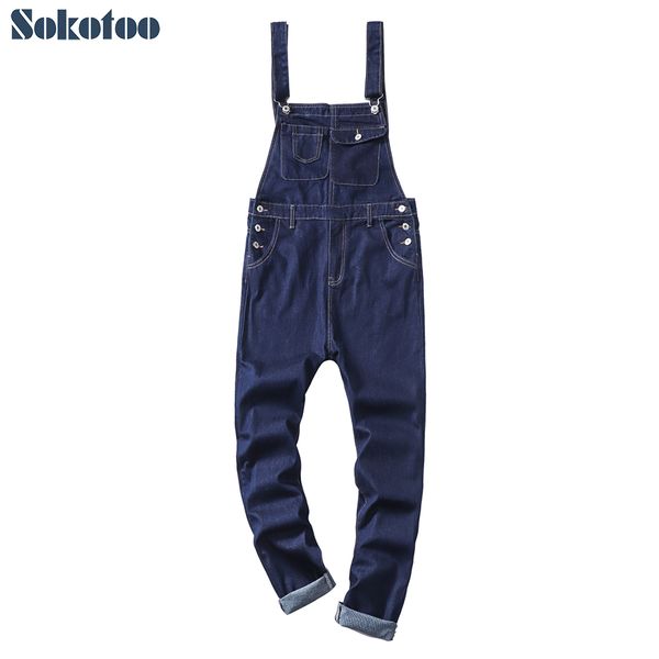 

sokotoo men's dark blue denim bib overalls slim fit jeans suspenders jumpsuits
