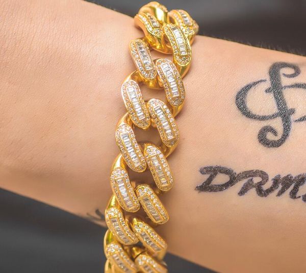 

19mm baguette cuban link bracelet full iced out bling hip hop dad jewelry, Black