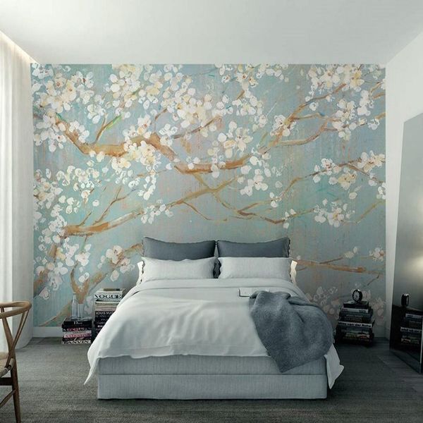 Foto Wallpaper 3D pintado à mão pintura a óleo de cerejas flores de cerejas murais sala de estar cama sala de cama decoração de casa papel de parecer