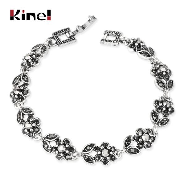 

kinel charm ethnic antique silver bracelets for women gray crystal stones flower bracelet vintage jewelry wholesale 2018 new, Black
