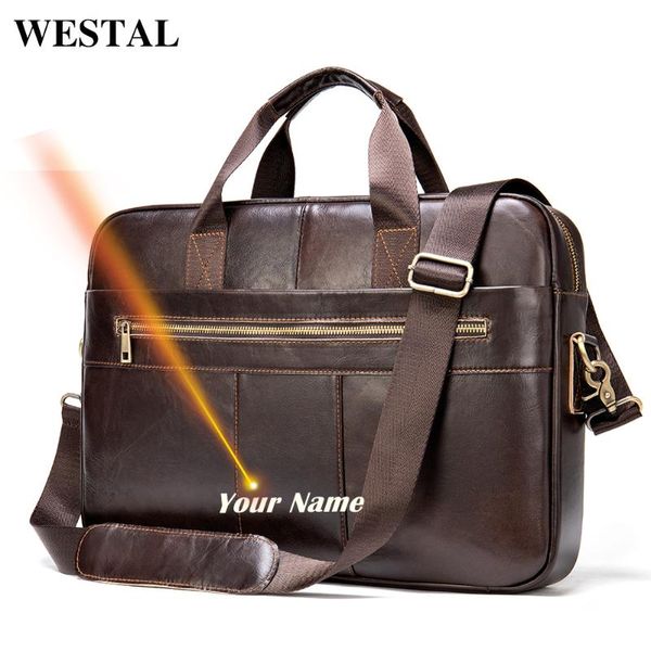

westal laser engrave men's leather bag men's briefcase genuine leather lapbag 15.6 document office bags for men briefcases