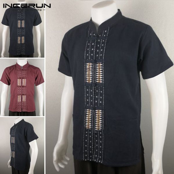 

men's casual shirts incerun chinese style printed shirt men short sleeve button elegant tang suit 2021 stand collar pockets streetwear, White;black