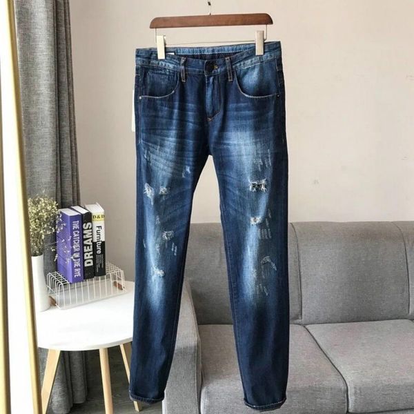 

men's winter denim pants autumn jeans distrressed hole designer spring brand pants classic washed slim jeans men's pants 7 size, Blue