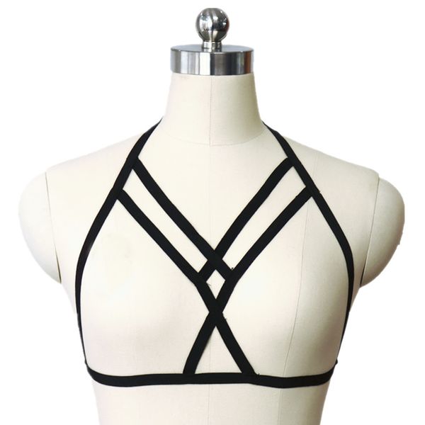 

alluring women cage bra elastic cage bra strappy hollow out bustier harness belt vest crop black, Black;white
