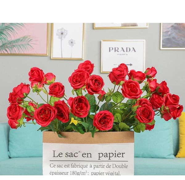 Acheter 7 Tete En Gros Pas Cher Faux Artificielle Bouquet De Mariée Mariage Pourpre Rose Décoration De Fête De Mariage Décoration Rouge Soie Roses