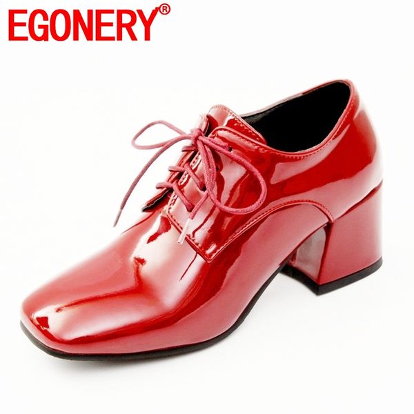 

egonery office ladies working pumps 2019 spring new style square toe patent pu leather students shoes cross tied lady pump, Black