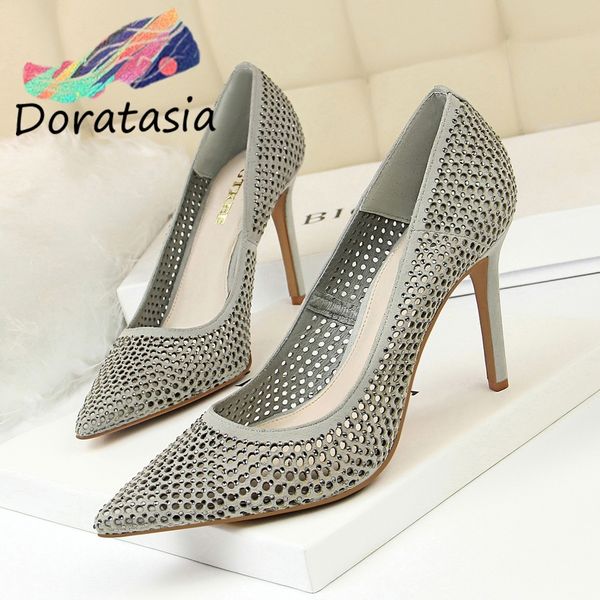 

doratasia lady spring summer pumps hollowing pointed toe slip on thin heels pumps women party dress high heels shoes woman, Black