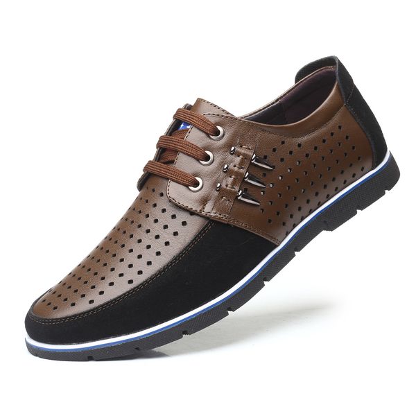 

2019 summer men casual shoes patchwork genuine leather flats for man cut out shoes breathable hollow lace up shoes ji17, Black