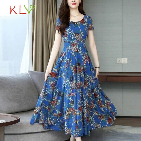 

summer dress vintage blue floral print short sleeve maxi dresses elegant casual party 3xl korean women clothes vestidos 20mar, Black;gray