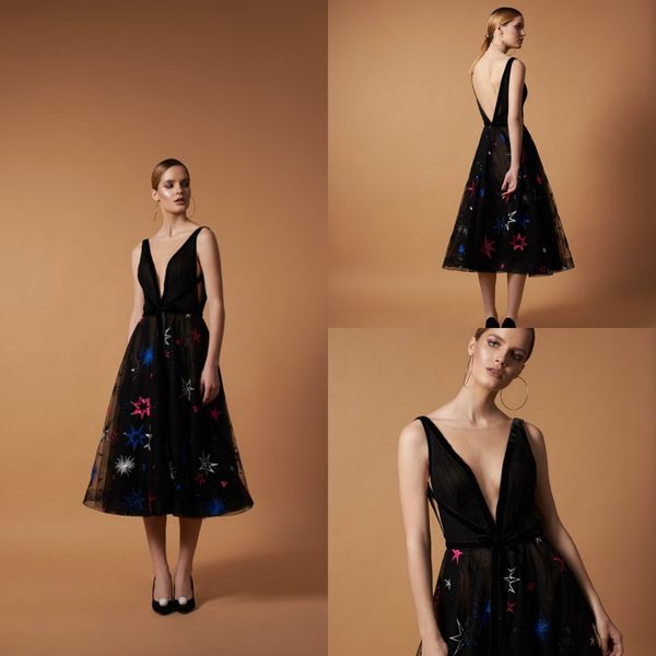 

2020 black homecoming dresses deep v neck a line backless tea length fairy cocktail party dress custom made tulle formal gowns