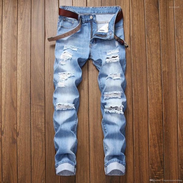 

designer jeans solid color mid waist regular jeans washed zipper fly mens jeans male apparel men hole slim, Blue