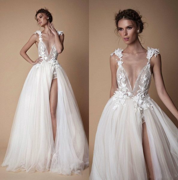 

berta illusion lace wedding dresses spaghetti neckline backless bridal gown appliques beaded sweep train a line wedding dress 2019 new, White