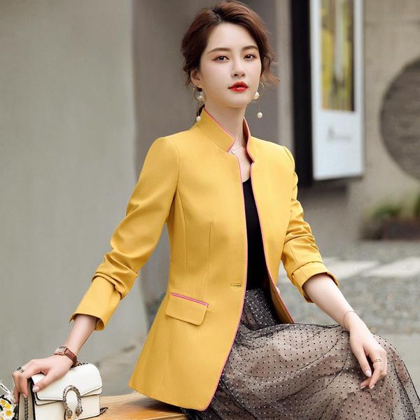 

women's suits & blazers 2021 design fall winter blazer single button s-4xl slim stand collar yellow pink black elegant ladies jacket, White;black