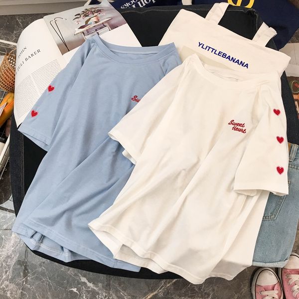 

women summer t shirts cotton harajuku kawaii embroidery short sleeve ulzzang streetwear camisetas verano mujer kpop style, White