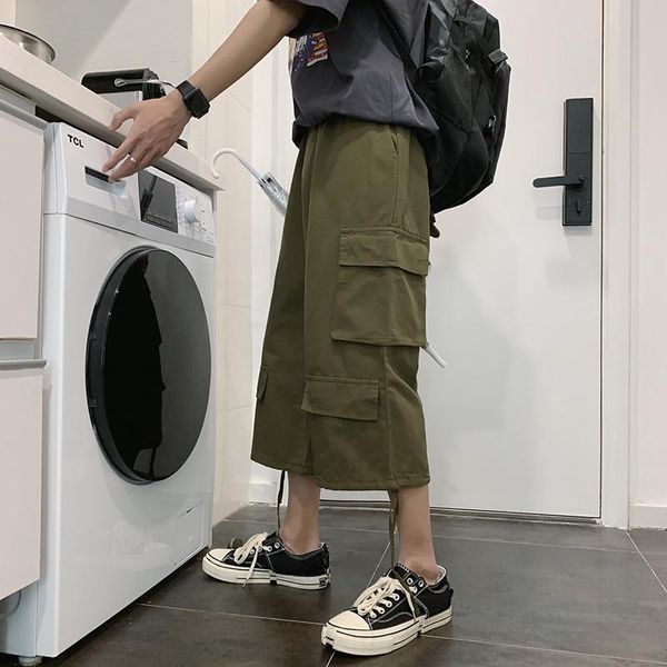 

m-5xl plus size mens wide leg cargo pants plain color multi pockets elastic waist loose fit summer men clothing 2019 trousers, Black