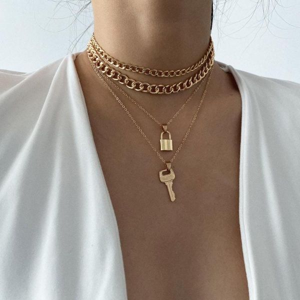 

generous temperament thick chain elements necklace retro creative lock key combination necklace, Silver