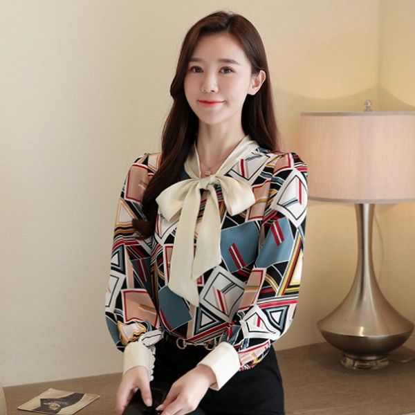 

quality elegant bow silk satin shirt women lantern sleeve runway printed ladies designer blouses plus size casual office button shirts, White