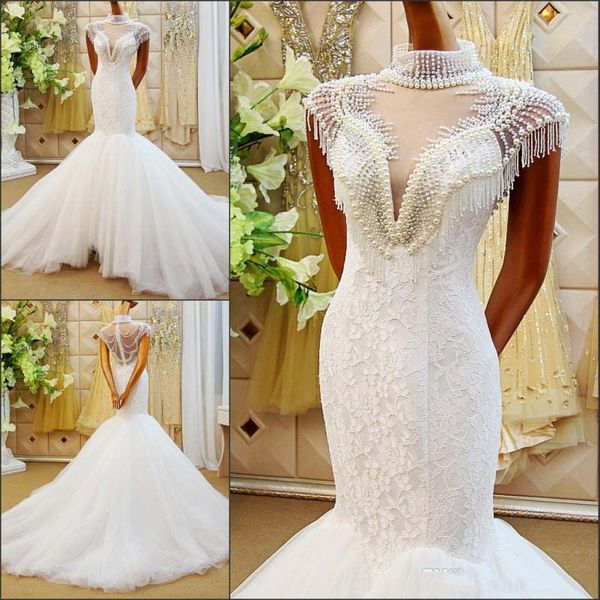

2019 роскошные русалка жемчуг свадебные платья высокая шея бисером кружева романтические свадебные платья суд trainsee через обратно свадебн, White