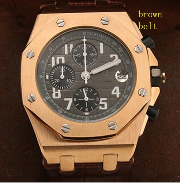 

42mm royal oak offshore кожаный ремешок gold case мужские часы fine workmanship man часы кварц наручные часы с рабочими subdials, Slivery;brown