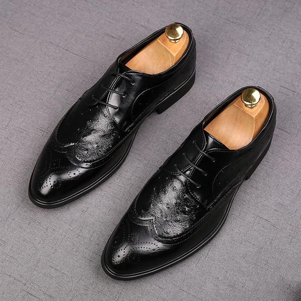 

british fashion style pointed toe brown lace-up casual leather shoes oxford wedding dress homecoming business shoes, Black