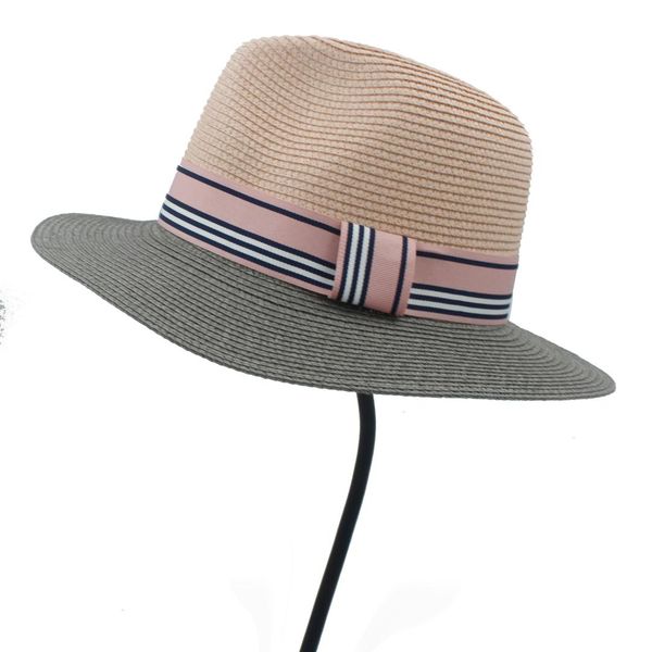 

fashion women straw pink sun hat for elegant lady seaside wide brim beach hat with fashion ribbon panama 56-58cm, Blue;gray