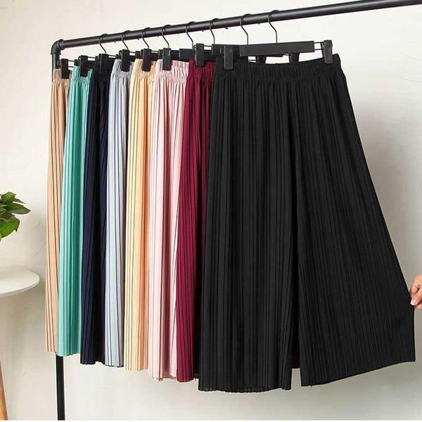 

women's high waist ruffled chiffon pants pleated tall waist show thin nine points wide-legged pants elastic casual skirts, Black;white