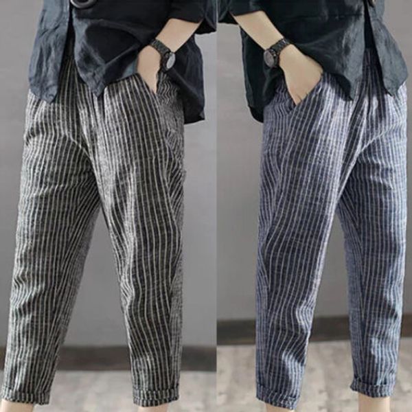 

men's cotton& linen pencil pants summer loose casual bloomers trousers male striped casual long pants, Black