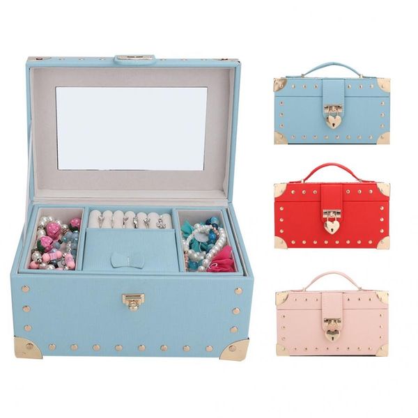

2-layers necklace storage earring container box jewelry holder with handle lock mirror jewelery organizer display for jewelry l, Black;blue