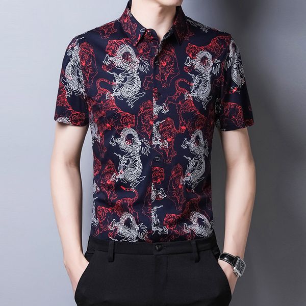 

men's casual shirts c-3135 chinese style dragon pattern fashion short sleeve shirt summer quality cotton soft comfortable luxury men, White;black