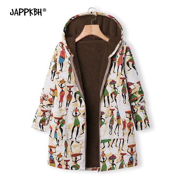 

women's down & parkas winter jackets women 2021 plus size casual warm velvet zipper hoddie coat female vintage ink print cotton thick l, Black