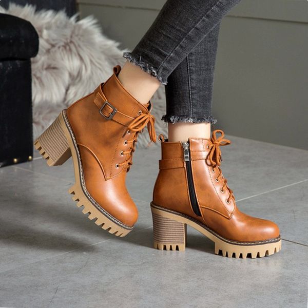 

new plus size 33-43 high heels ankle women boots round toe lace up footwear female motorcycle boot platform shoes women winter, Black