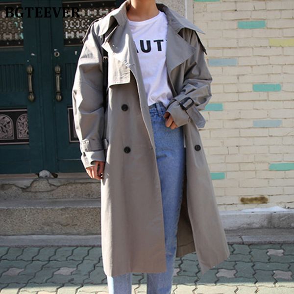 

autumn winter ladies solid double breasted trench coats women long loose female casual windbreaker outerwear 2019 new, Tan;black