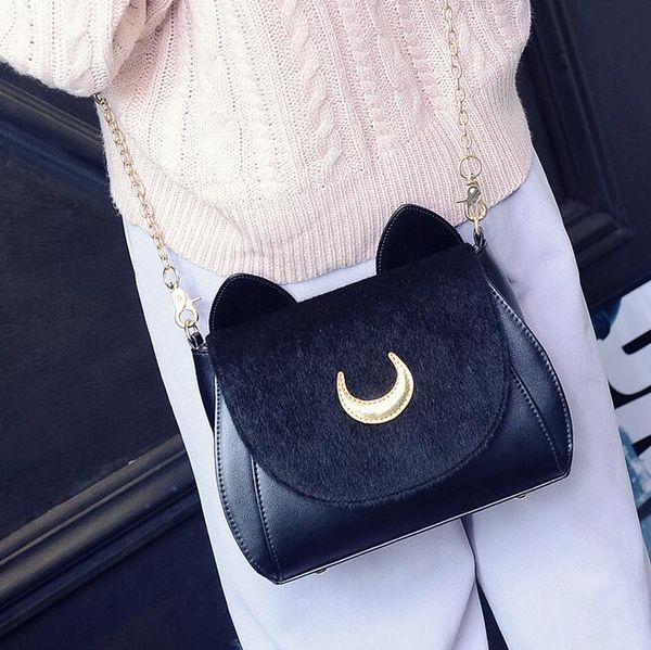 

2017 fashion new handbags pu leather women bag pretty soldier cat ears shoulders bag sweet chain female moon