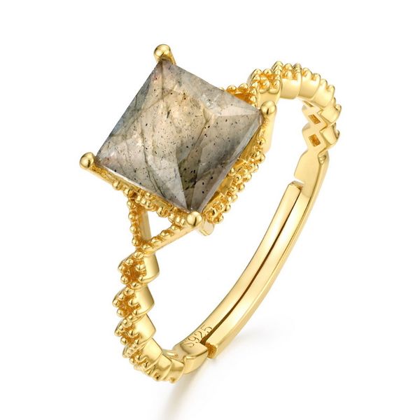 

gold plated sun stone ring for women simple natural african labradorite geometric square gem ring female s925 silver jewelry, Slivery;golden