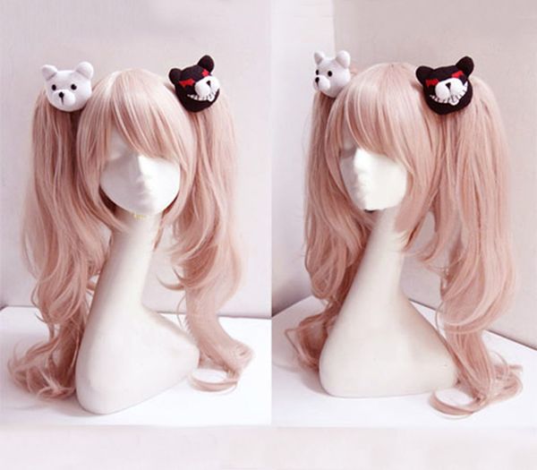 

dangan ronpa danganronpa enoshima junko cosplay wig pink long wavy with ponytail clip heat resistant cosplay wig + bear hairpins, Black