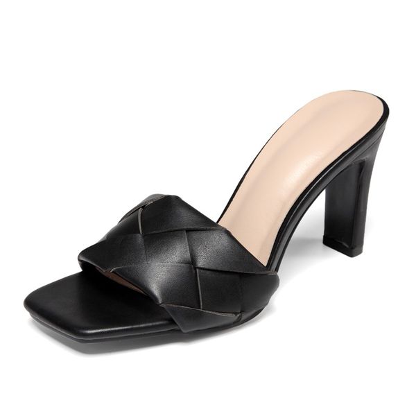 

2020 fashion square toe weave high heels shoes women slippers leather ladies street beach sandals slides shoes42, Black
