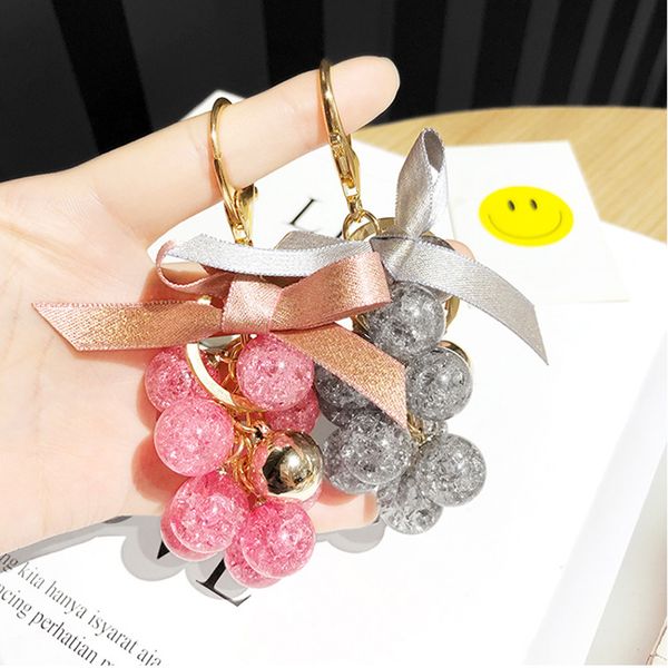 

cute crystal grape key chain ribbon bowknot trinket girl bag pendant key ring round ball beads keychain jewelry accessories, Silver
