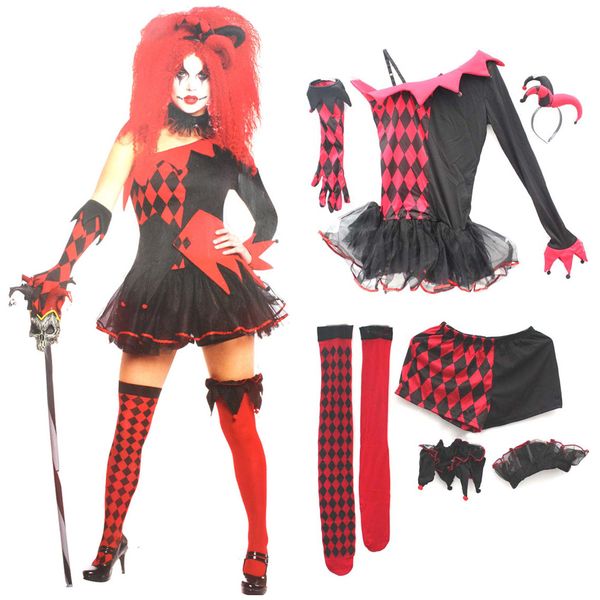 

halloween party cosplay women red devil jesterina clown costume dress pants headband gloves socks, Black;red