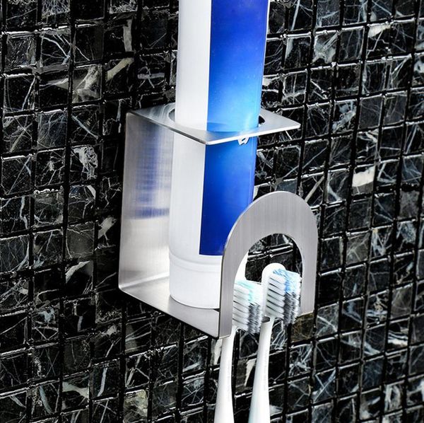 

stainless steel toothpaste dispenser toothbrush holder set wall mount stand paste on the wall toothpaste holder bathroom tool