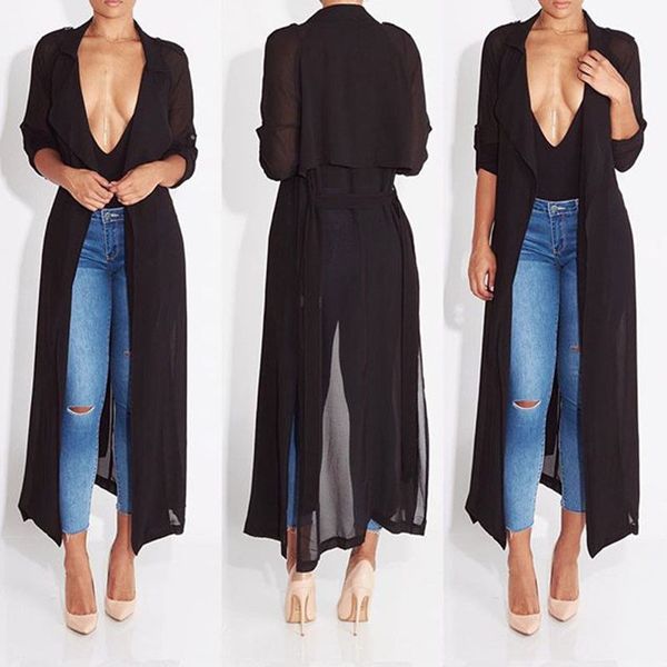 

fashion casual women ladies long length trench 3 colors sashes belt chiffon solid slim ankle-length trench, Tan;black