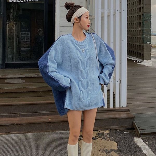 

korea 2020 new spring round color hit color splice knit sweater women korea loose wild office lady thicken clothing pd498, White;black