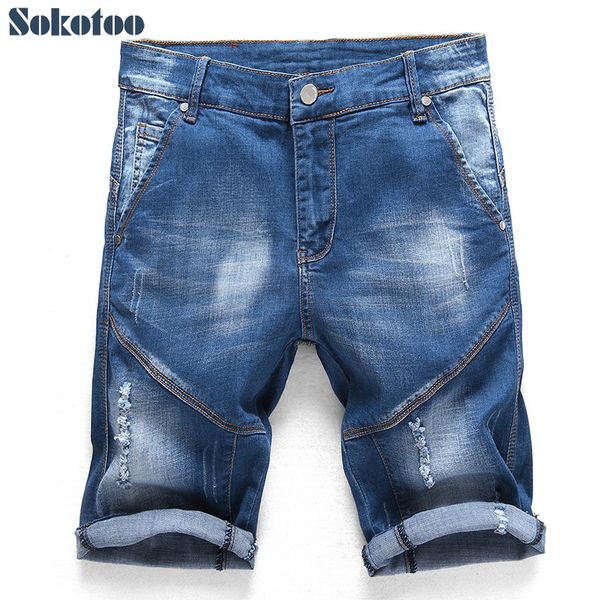 

men's knee length slim straight stretch denim shorts summer vintage blue patchwork ripped jeans capri